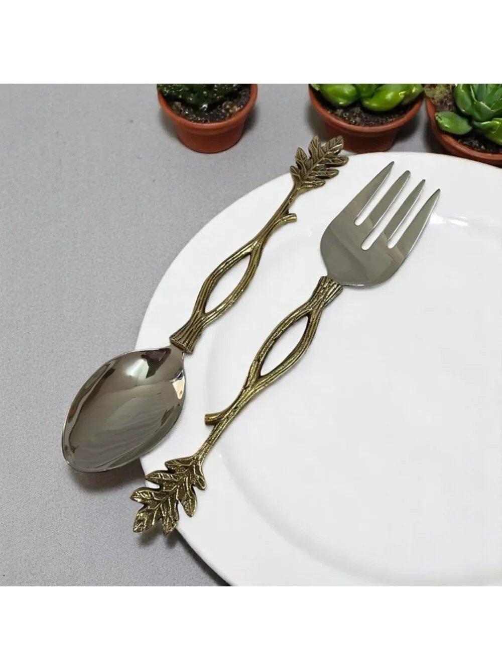 Elegant Gold Salad Serving Spoon & Fork Set - Stainless Steel, Leaf Handle